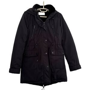 ZARA Black Parka Coat XS hooded pockets hi-low